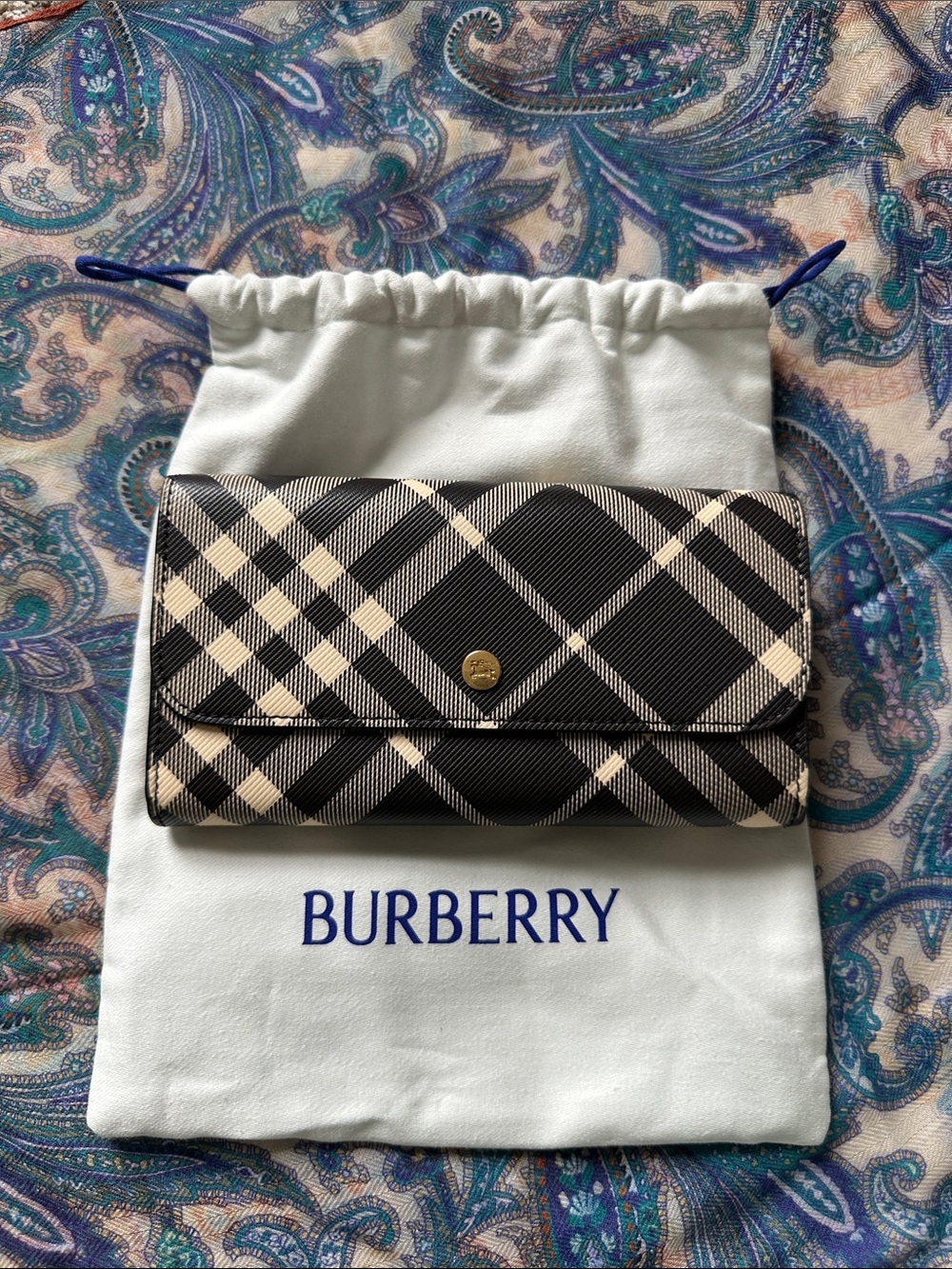 Burberry Black & Beige Check Folded Continental Wallet with Gold Snap